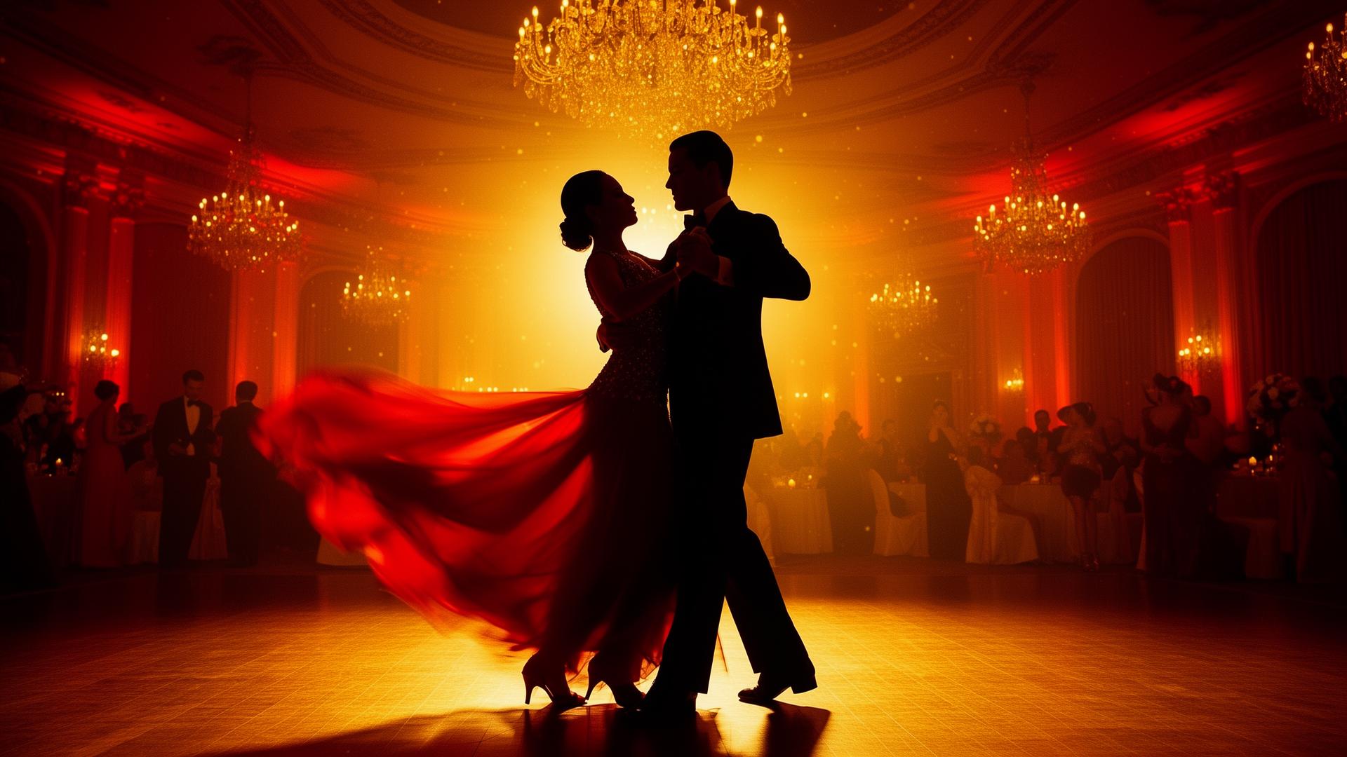Romantic salsa dancing couple in an elegant ballroom
